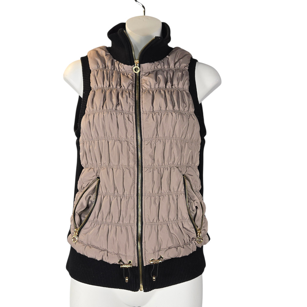 Calvin Klein Performance‎ Women's Taupe Black Ruched Full Zip Puffer Vest Size S